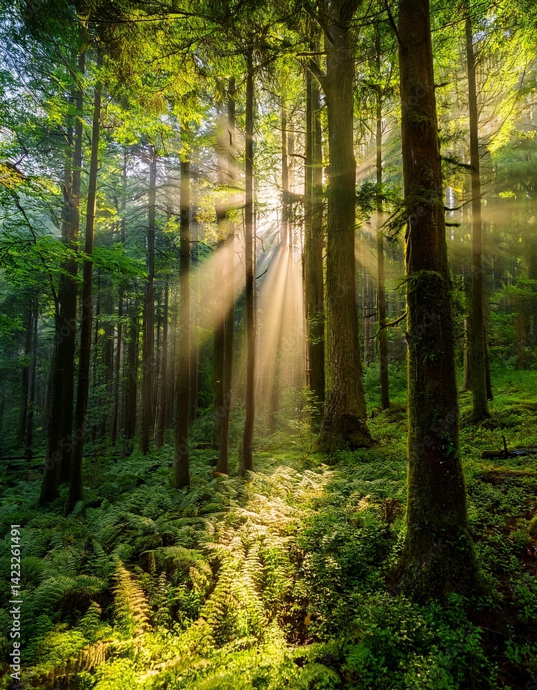 Obraz premium Beautiful rays of sunlight in a green forest
