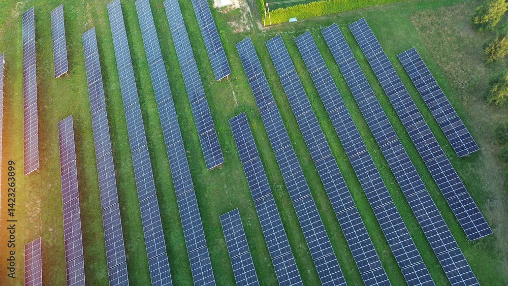 Solar power plant viewed from above, on grass.