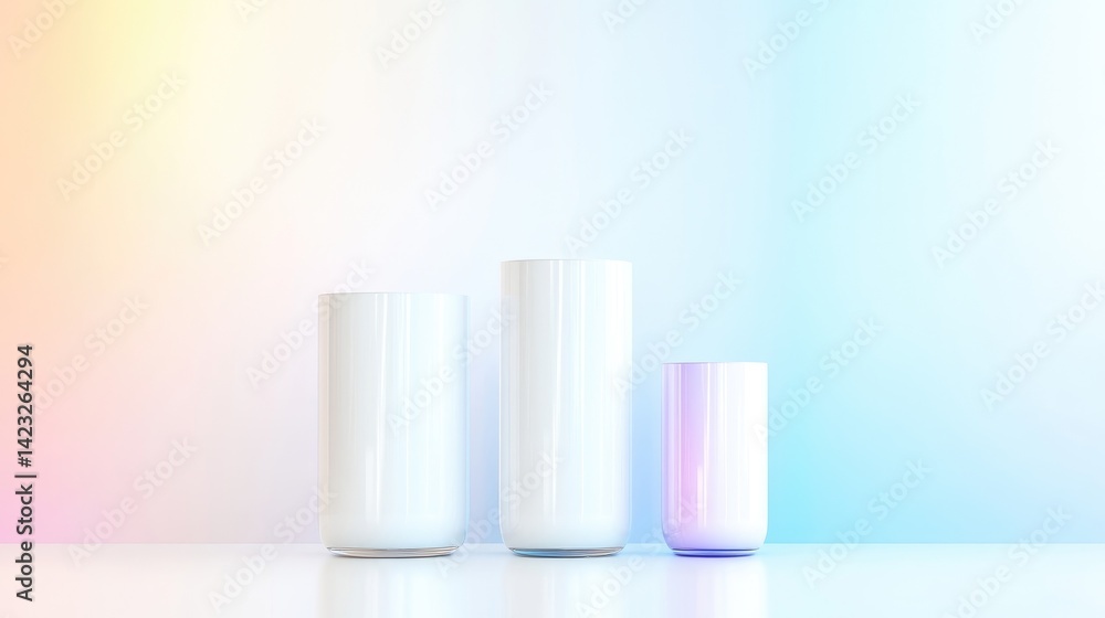 Three white and one pastel-colored cylinder vases against a backdrop of vibrant rainbow hues Three white and one pastel-colored cylinder vases against a backdrop of vibrant rainbow hues