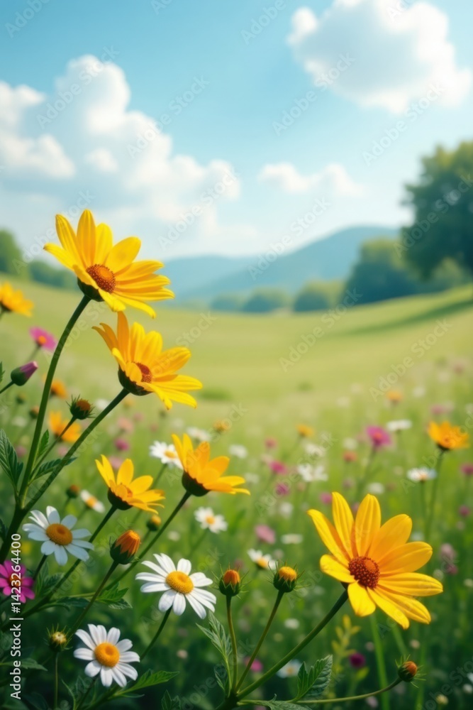 Obraz premium Wildflowers swaying gently in the breeze, landscape, fields