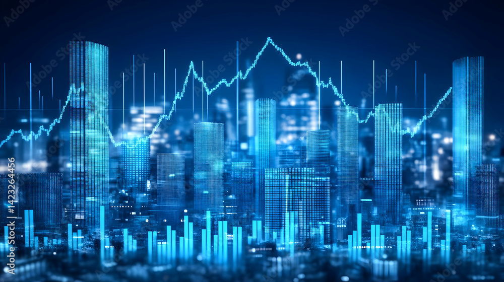 Fototapeta premium Blue Cityscape with Dynamic Financial Graphs at Night