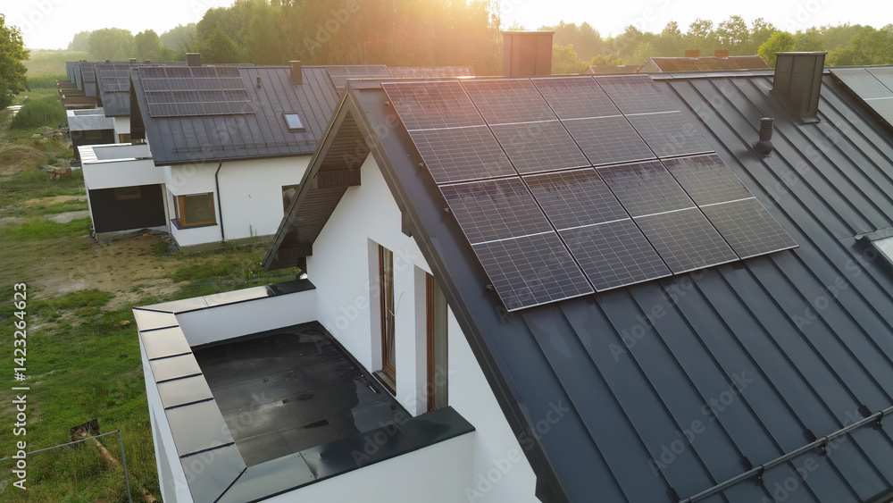 Rows of modern homes in a suburban neighborhood embrace green living with solar panels