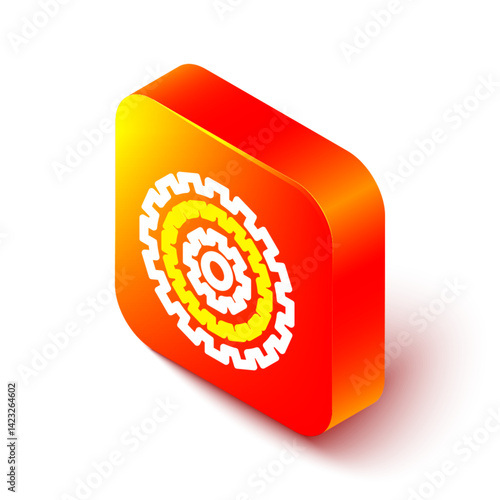 Isometric line Bicycle cassette mountain bike icon isolated on white background. Rear Bicycle Sprocket. Chainring crankset with chain. Orange square button. Vector