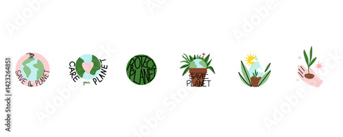 Save planet. Earth environmental care. Icon or sticker collection. Green plants, stop pollution, reuse and recycled. Eco friendly, ecology elements. Vector cartoon flat isolated illustration set