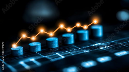 Blue Cylinders Representing Growth with Glowing Orange Line Chart