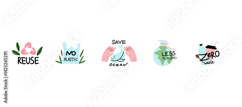 Save planet. Earth environmental care. Icon or sticker collection. Zero waste, stop plastic pollution, reuse and recycled. Eco friendly, ecology elements. Vector cartoon isolated illustration set