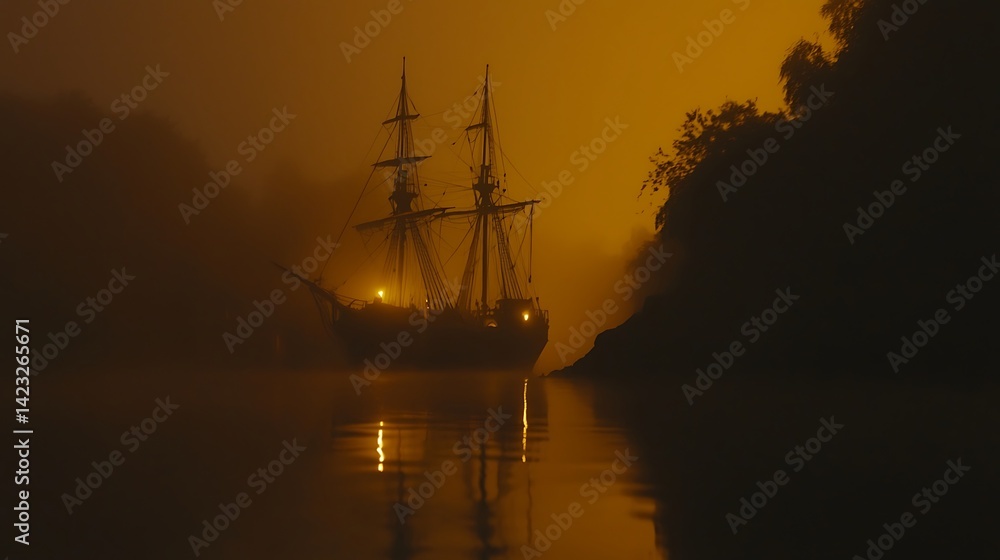 Fototapeta premium Mystical voyage: Tall ship navigating foggy waters under amber twilight
