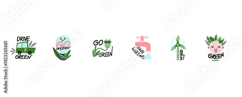 Save planet. Earth environmental care. Icon or sticker collection. Green energy, stop pollution, reuse and recycled. Eco friendly, ecology elements. Vector cartoon flat style isolated illustration set