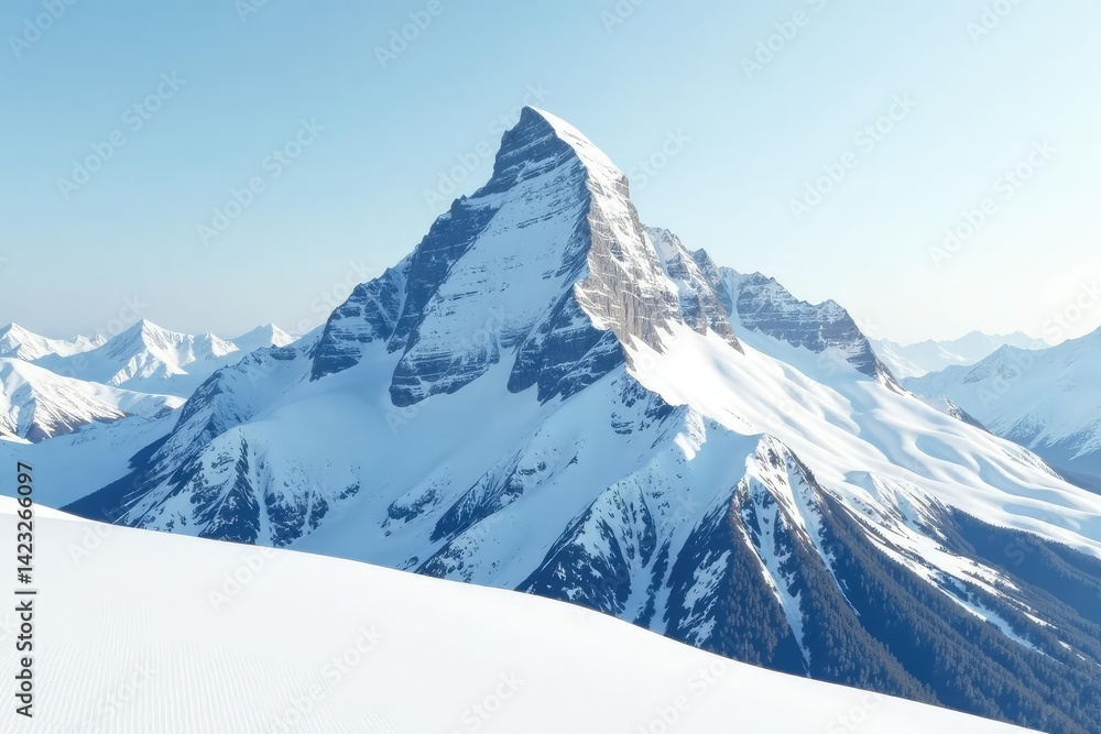 Fototapeta premium Snow-covered mountain peak, stark white landscape, horizon, wilderness, winter