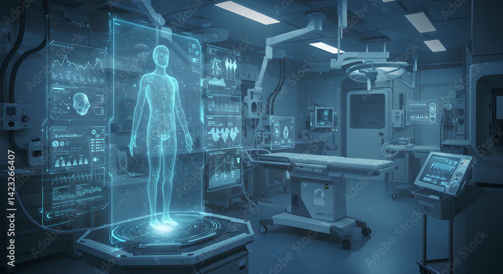 Futuristic medical laboratory analyzing body on an interactive holographic display. Digital human. High-tech study personalized health person. Future of biomedicine, diagnostic. Healthcare Futuristic medical laboratory analyzing body on an interactive holographic display. Digital human. High-tech study personalized health person. Future of biomedicine, diagnostic. Healthcare