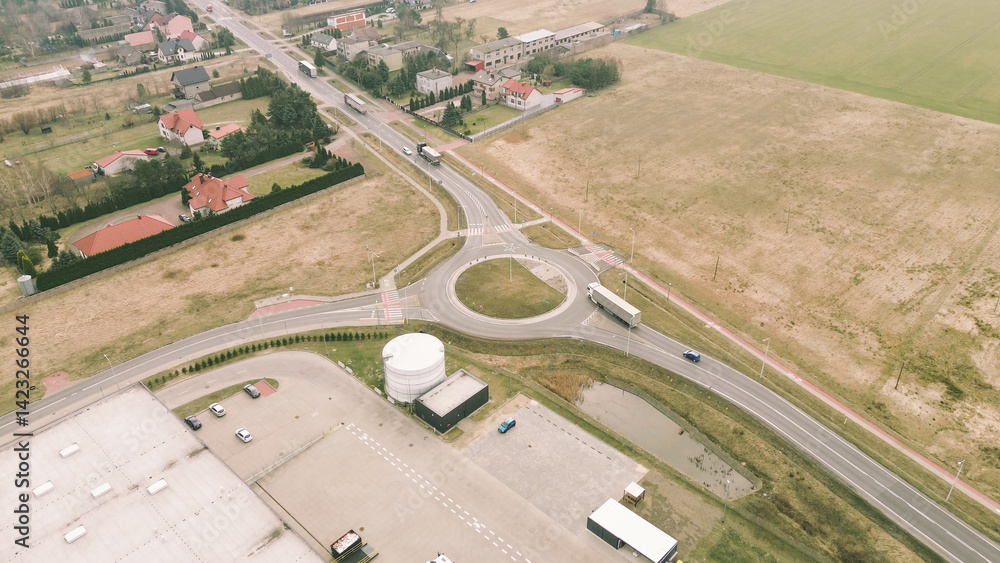 Aerial view modern roundabout with bicycle lanes