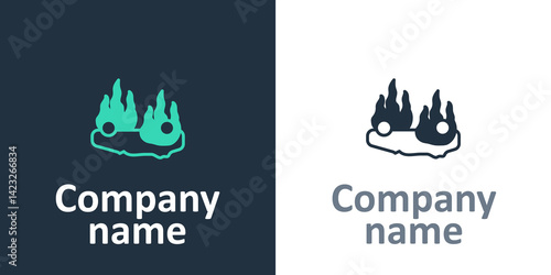 Logotype Burning car icon isolated on white background. Car on fire. Broken auto covered with fire and smoke. Logo design template element. Vector