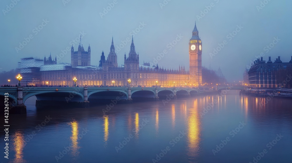 Panoramic view of London's Big Ben and Houses of Parliament in atmospheric mist Panoramic view of London's Big Ben and Houses of Parliament in atmospheric mist