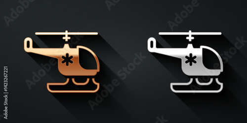 Gold and silver Rescue helicopter icon isolated on black background. Ambulance helicopter. Long shadow style. Vector
