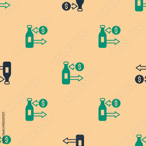 Green and black Reception and sale of glass bottles icon isolated seamless pattern on beige background. Vector