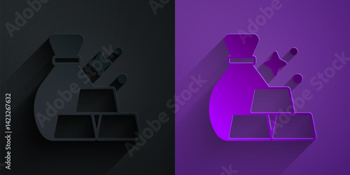 Paper cut Bag of gold bars icon isolated on black on purple background. Sack with golden bars. Paper art style. Vector