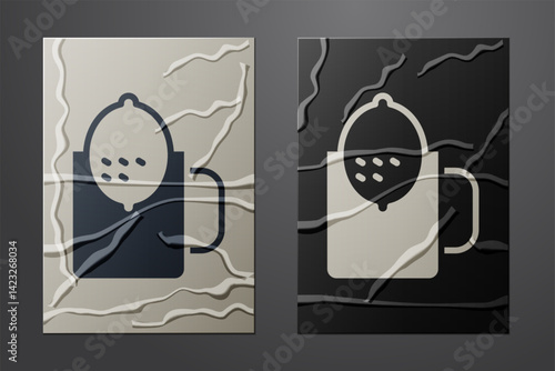 White Cup of tea with lemon icon isolated on crumpled paper background. Paper art style. Vector