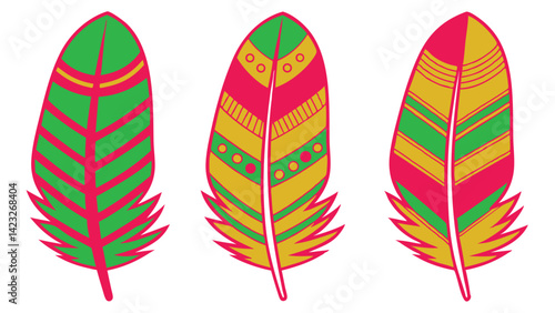 Set of Colorful Ornamental Feathers with Geometric Designs Isolated on White Background