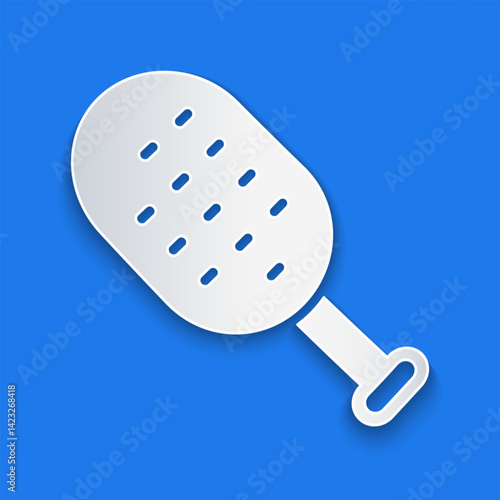 Paper cut Sauna brush icon isolated on blue background. Wooden brush with coarse bristles for washing in the bath. Anti cellulite massage. Paper art style. Vector