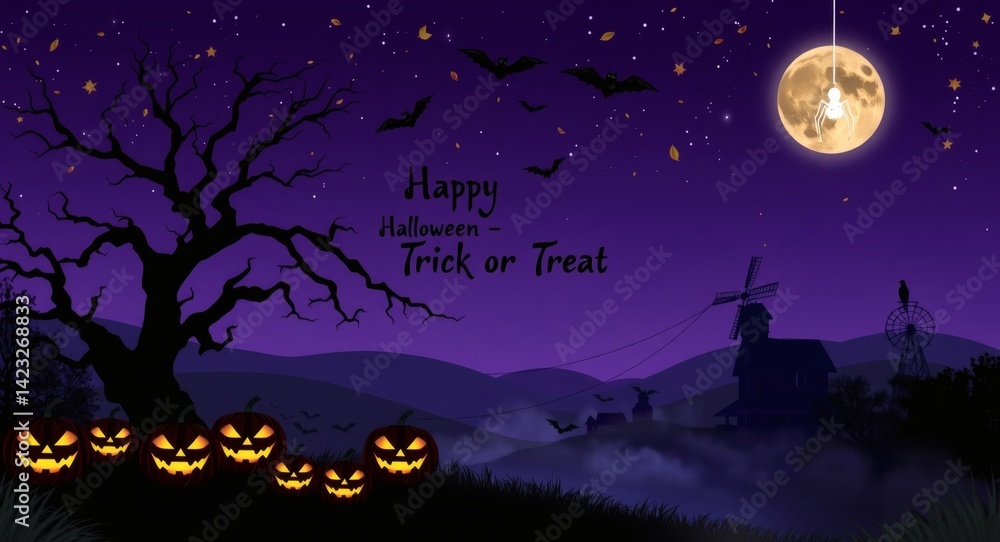 Halloween Night Scene with Pumpkins, Bats, and Full Moon Halloween Night Scene with Pumpkins, Bats, and Full Moon