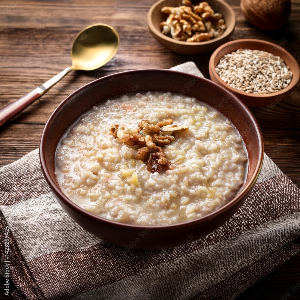 Delicious porridge with fruits and nuts on a wooden table Delicious porridge with fruits and nuts on a wooden table