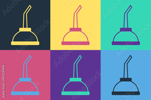 Pop art Canister for motor machine oil icon isolated on color background. Oil gallon. Oil change service and repair. Vector
