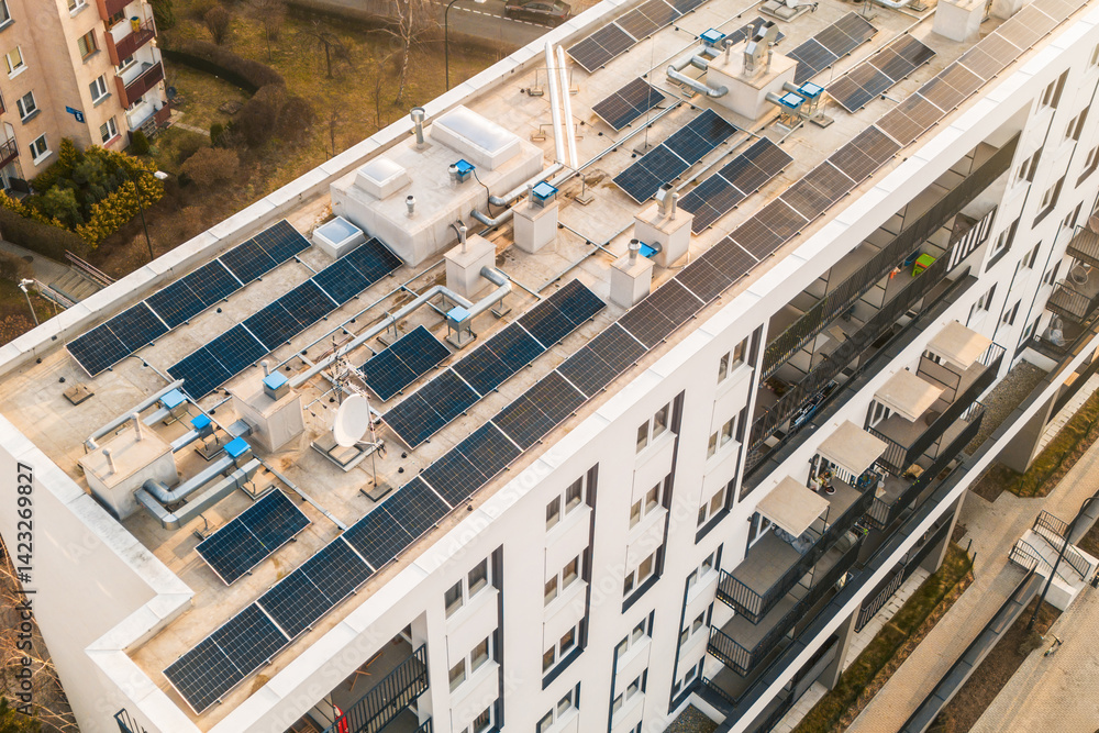 Solar powered heating and cooling apartment block