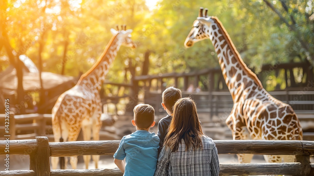 Naklejka premium Children admiring giraffes in a zoo setting.