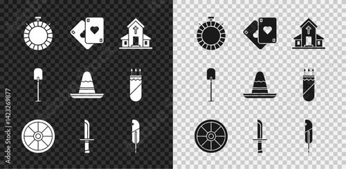 Set Canteen water bottle, Playing cards, Church building, Old wooden wheel, Military knife, Feather pen, Shovel and Mexican sombrero hat icon. Vector