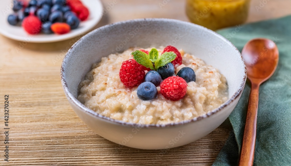 Delicious porridge with fruits and nuts on a wooden table Delicious porridge with fruits and nuts on a wooden table