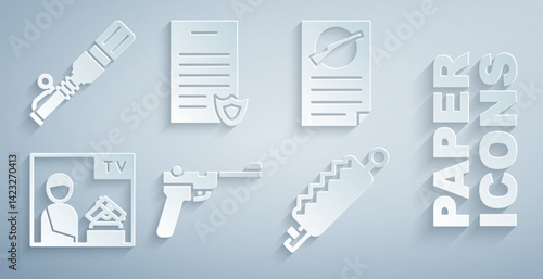Set Mauser gun, Firearms license certificate, Advertising weapon, Trap hunting, and Anti-tank hand grenade icon. Vector