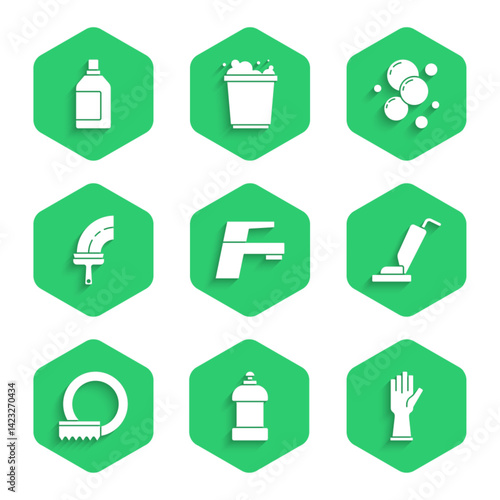 Set Water tap, Bottle for cleaning agent, Rubber gloves, Vacuum cleaner, Washing dishes, windows, Soap water bubbles and icon. Vector