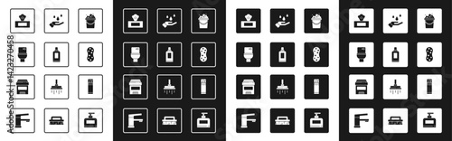 Set Bucket with soap suds, Bottle for cleaning agent, Toilet bowl, Wet wipe pack, Sponge, Washing hands, Shaving gel foam and Antiperspirant deodorant roll icon. Vector