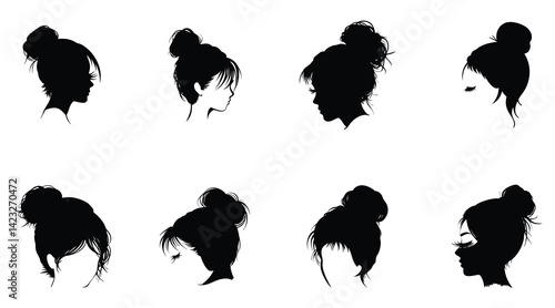  Woman Bun Hair Silhouette Set – Fashionable Female Profile Illustrations