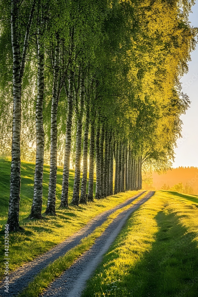 Naklejka premium Sunlit Birch Tree Lane Countryside Path