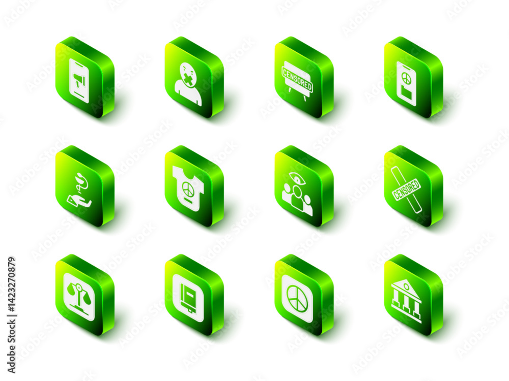 Set Censor and freedom of speech, Censored stamp, Peace, Courthouse building, Spy, agent, and Law book icon. Vector Set Censor and freedom of speech, Censored stamp, Peace, Courthouse building, Spy, agent, and Law book icon. Vector