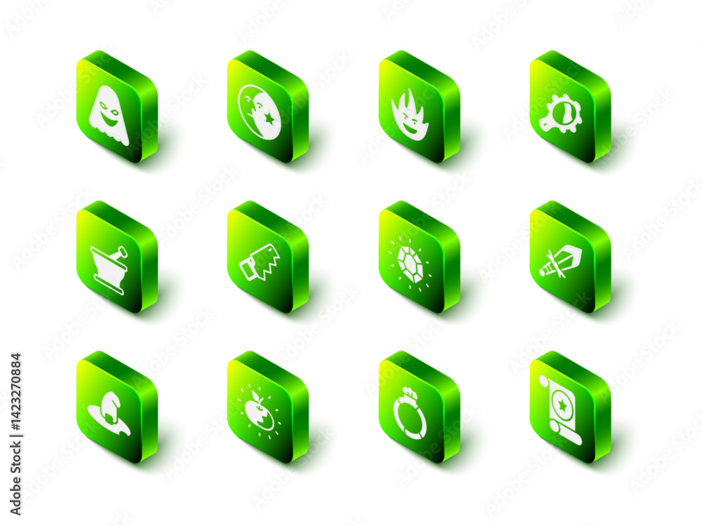 Set Moon and stars, Fire flame, Magic hand mirror, Medieval sword, scroll, stone, ring with gem and Poison apple icon. Vector Set Moon and stars, Fire flame, Magic hand mirror, Medieval sword, scroll, stone, ring with gem and Poison apple icon. Vector