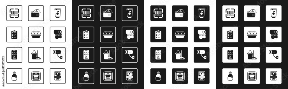 Set Yogurt container, Chicken egg box, Shopping list, Scanner scanning bar code, Toilet paper roll, Wallet with money, Security camera and Percent discount and mobile icon. Vector Set Yogurt container, Chicken egg box, Shopping list, Scanner scanning bar code, Toilet paper roll, Wallet with money, Security camera and Percent discount and mobile icon. Vector