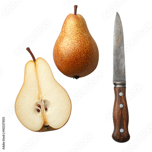 Fresh pears halved with knife still life fruit food healthy eating concept on transparent background