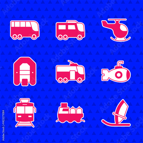 Set Trolleybus, Oil tanker ship, Windsurfing, Submarine, Tram and railway, Rafting boat, Helicopter and Bus icon. Vector
