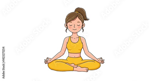 A peaceful cartoon clipart of a young woman sitting cross-legged, meditating in a calm pose.
