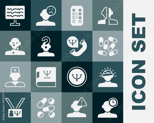 Set Insomnia, Concussion, headache, Medicine pill or tablet, Sedative pills, Human with question mark, Tear cry eye, Encephalogram and Online psychological counseling icon. Vector