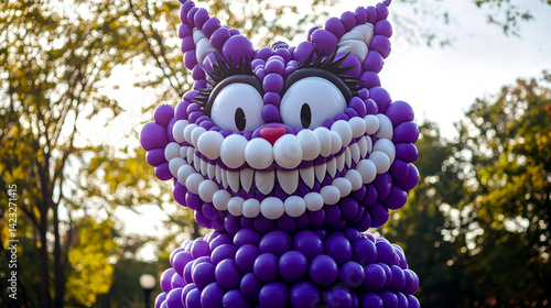 A purple and white balloon sculpture of the Cheshire Cat from Alice in Wonderland, made entirely out of balloons, is on display at an outdoor art installation show.