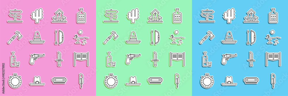 Set line Feather pen, Saloon door, Desert landscape with cactus, Church building, Mexican sombrero hat, Tomahawk axe, Road traffic signpost and Bow arrow quiver icon. Vector Set line Feather pen, Saloon door, Desert landscape with cactus, Church building, Mexican sombrero hat, Tomahawk axe, Road traffic signpost and Bow arrow quiver icon. Vector