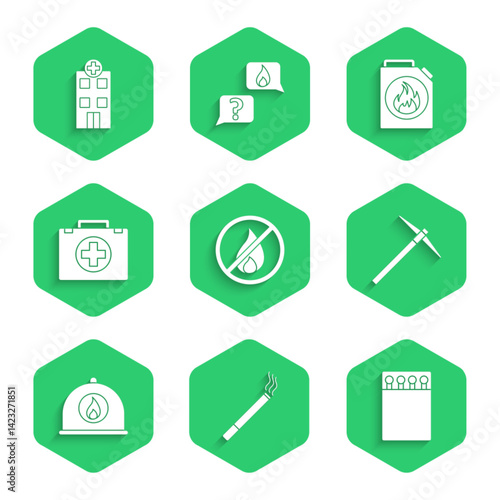Set No fire, Cigarette, Open matchbox and matches, Pickaxe, Firefighter helmet, First aid kit, Canister for flammable liquids and Medical hospital building icon. Vector