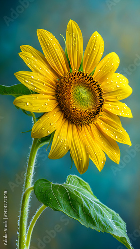 a 4k vertical image showing a beautiful right facing yellow sunflower with green stem with a blurred smooth greenish background.