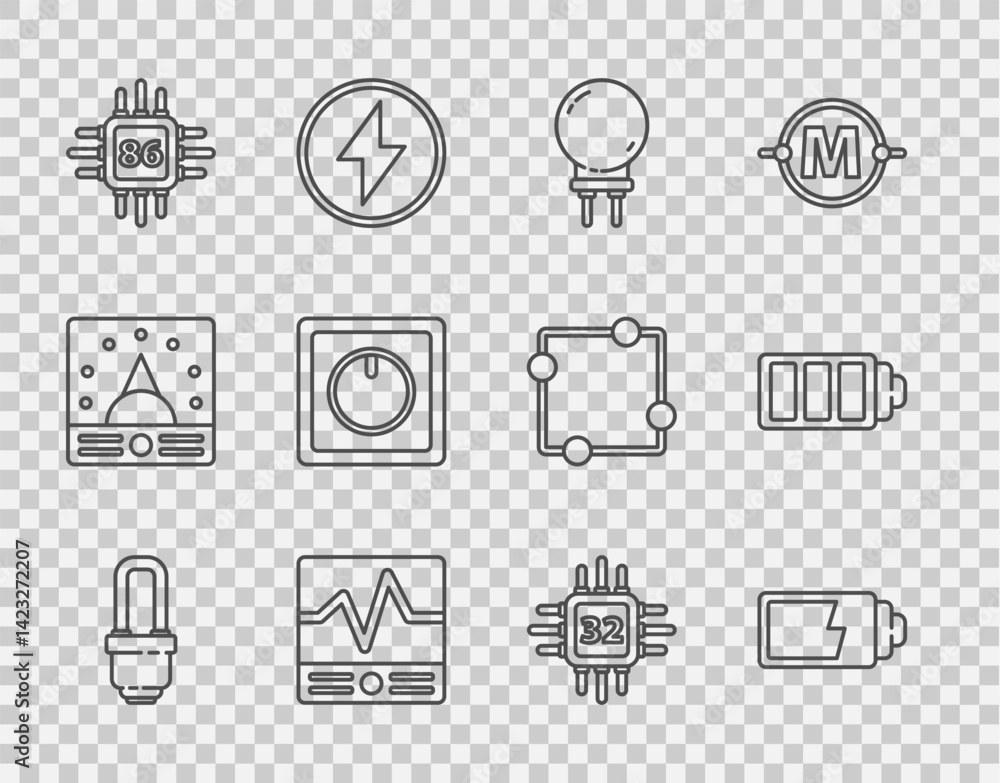 Set line LED light bulb, Battery charge level indicator, Light emitting diode, Electrical measuring instruments, Processor with microcircuits CPU, switch, and icon. Vector Set line LED light bulb, Battery charge level indicator, Light emitting diode, Electrical measuring instruments, Processor with microcircuits CPU, switch, and icon. Vector