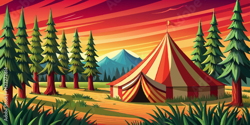 red circus tent carnival with pine trees vector campfires, and outdoor activities, ideal for adventure and festival related content vector