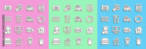 Set line Coffee cup to go, Online ordering and delivery, Food, Fast by car, Fork spoon, burger and icon. Vector