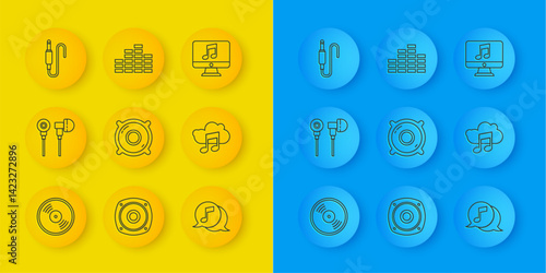 Set line Vinyl disk, Air headphones, Stereo speaker, Musical note speech bubble, streaming service, Audio jack, Computer with music and equalizer icon. Vector